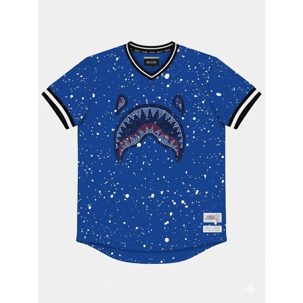 Rise As 1ne LMTD EDTN Shark V-Neck Jersey Blue Splatter Rhinestone 2XL NWoT